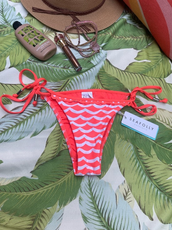 Seafolly Other - Seafolly NWT Sz 2 Tidal Wave Brazilian Side Tie Bikini Bottom in Nectarine/White